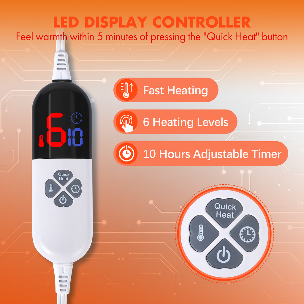 VELLUBAM Heated Blanket Full 72" x 84" - Ultra Soft Flannel Heating Blanket with 6 Heating Levels & 10 Hours Adjustable Timer, Fast Heating and Electric Lap Blanket for Office (Orange)