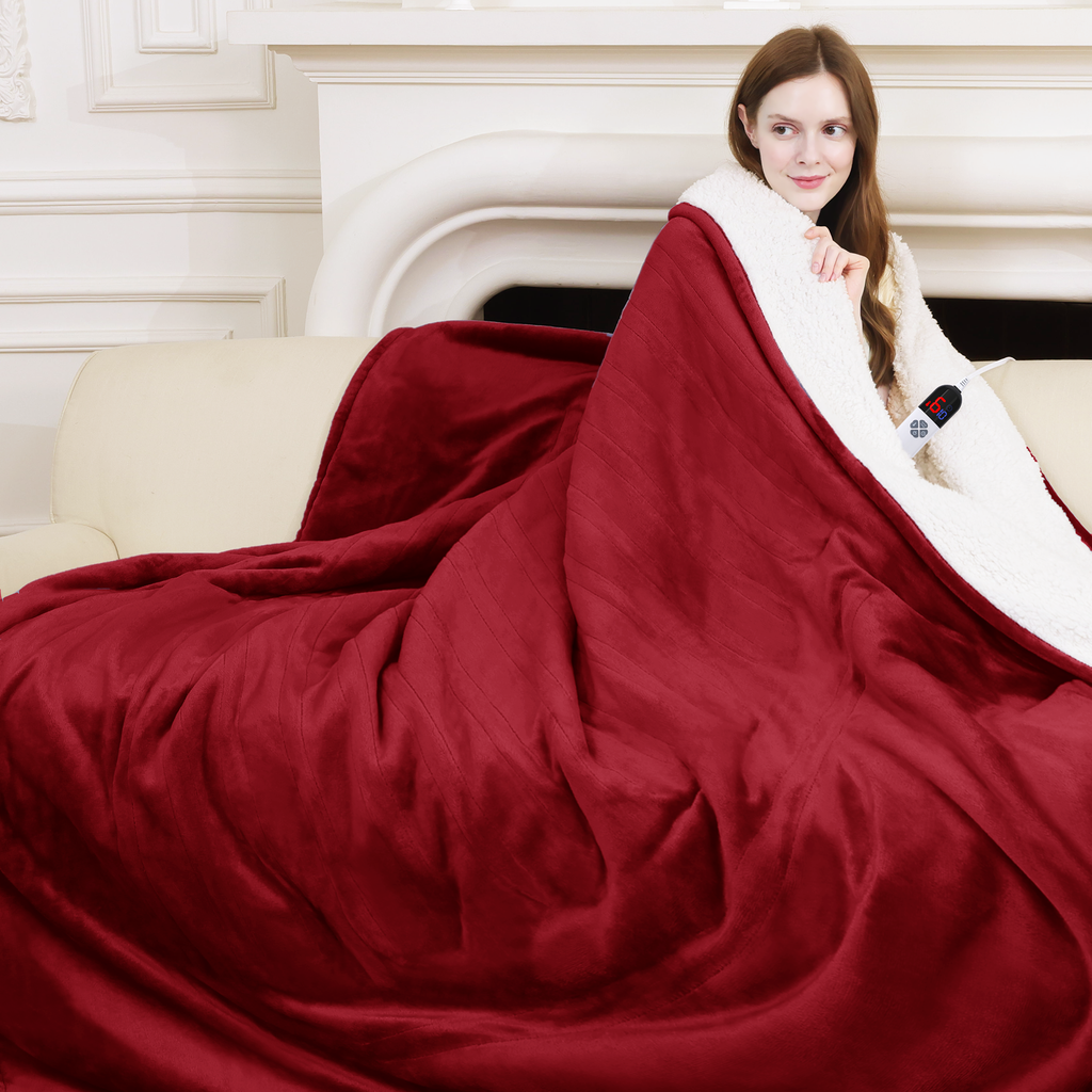 VELLUBAM Electric Blanket Full Size 72" x 84" - Fluffy Ultra Soft Flannel Full Electric Blanket with 6 Heating Levels & 10 Hours Adjustable Timer, Fast Heating and Washable Blanket for Office (Red)