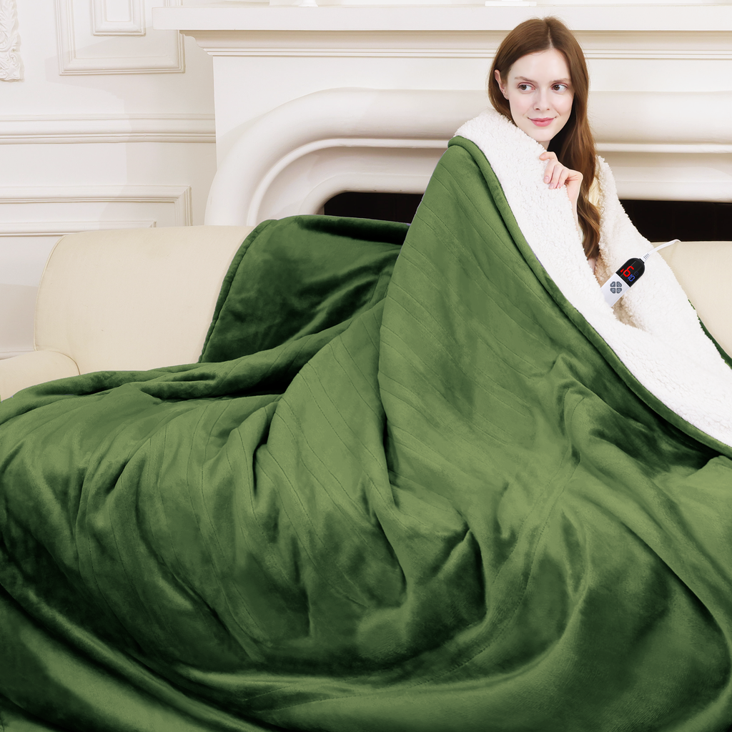 VELLUBAM Full Size Electric Blanket 72" x 84" - Fluffy Ultra Soft Flannel Full Heated Blanket with 6 Heating Levels & 10 Hours Adjustable Timer, Fast Heating and Electric Blanket for Office (Green)