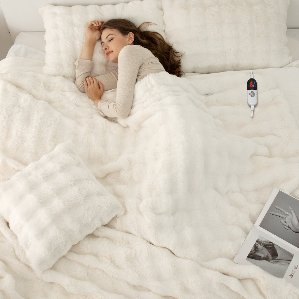 VELLUBAM Faux Rabbit Fur Bubble Electric Blanket Full White - Fuzzy Soft Plush Heated Blanket Full Size with 6 Heating Levels & 10 Timer Settings, Home Decor Gifts for Women, ETL Certified, 72" x 84"