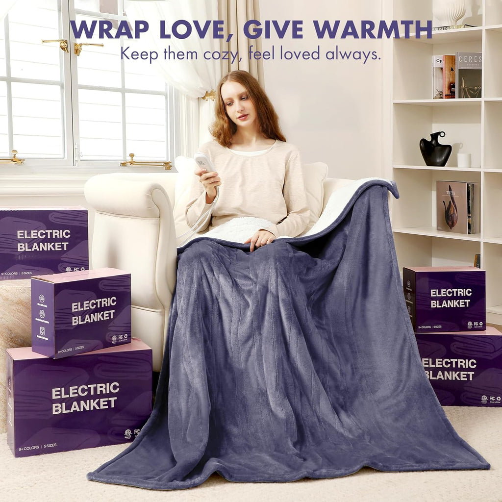 VELLUBAM Heated Blanket Throw 50" x 60" - Soft Flannel Sherpa Electric Blanket Throw with 5 Heating Levels & 4 Hours Auto Off, Machine Washable, Ideal Gift for Grandma (Purple)