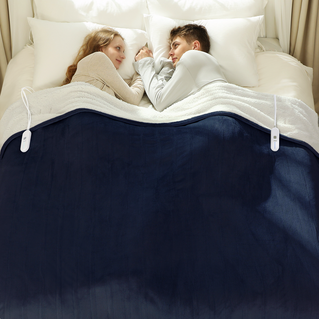 Queen Size Heated Blanket 84" x 90" - Flannel Sherpa Electric Blanket Queen with Dual Control, 5 Heating Levels & 10 Hours Auto Off, Heating Blanket with Overheat Protection for Home (Navy)