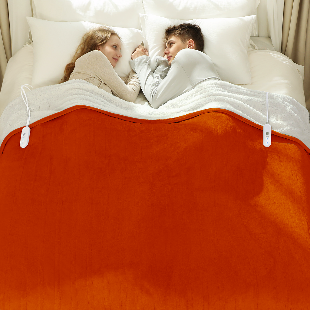 VELLUBAM Electric Heated Blanket Queen Size 84"x90" - Flannel Sherpa Electric Blanket with Dual Control, 5 Heating Levels & 10 Hours Auto Off, Heated Blanket for Women with Overheat Protection(Orange)