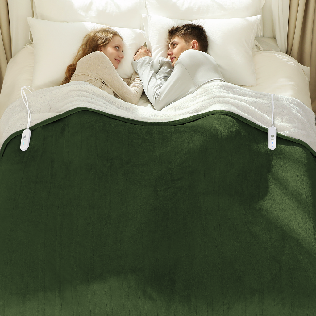 VELLUBAM Heated Blanket Queen 84" x 90" - Flannel Sherpa Electric Blanket Queen Size with Dual Control, 5 Heating Levels & 10 Hours Auto Off, Heating Blanket with Overheat Protection for Home (Green)