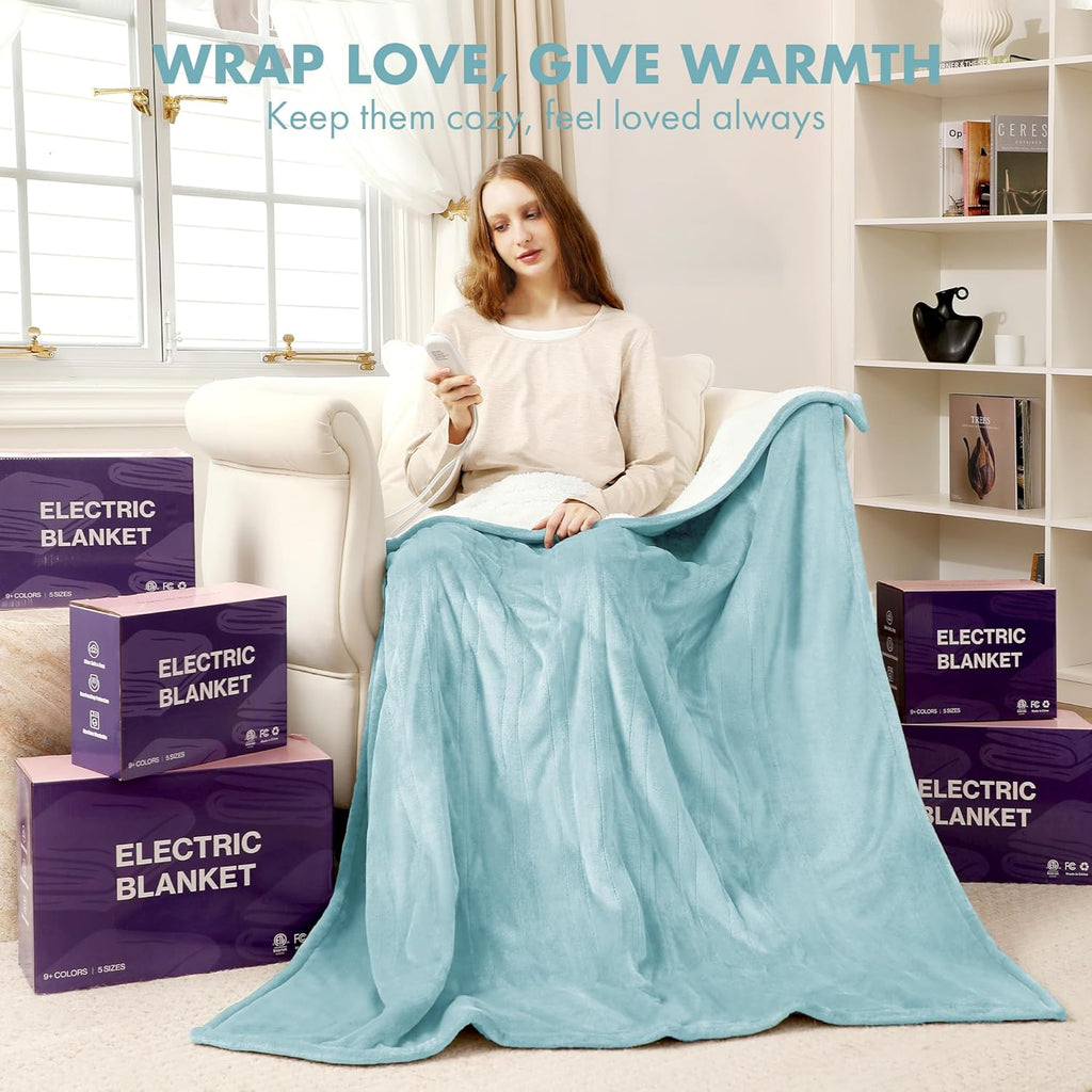 VELLUBAM Electric Blanket Heated Throw 50" x 60" - Soft Flannel Sherpa Heating Blanket with 5 Heating Levels & 4 Hours Auto Off, Heated Lap Blanket as a Gift for Grandma, Machine Washable (Blue)