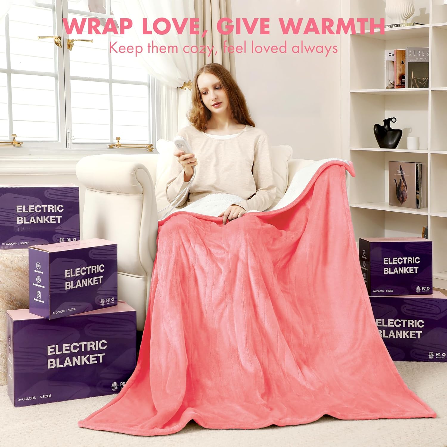VELLUBAM Electric Heated Blanket Twin 62" x 84" - Soft Fuzzy Cozy Flannel Sherpa Electric Blanket with 5 Heating Levels & 10 Hours Auto Off, Heated Blanket for Women and ETL Certified (Pink)