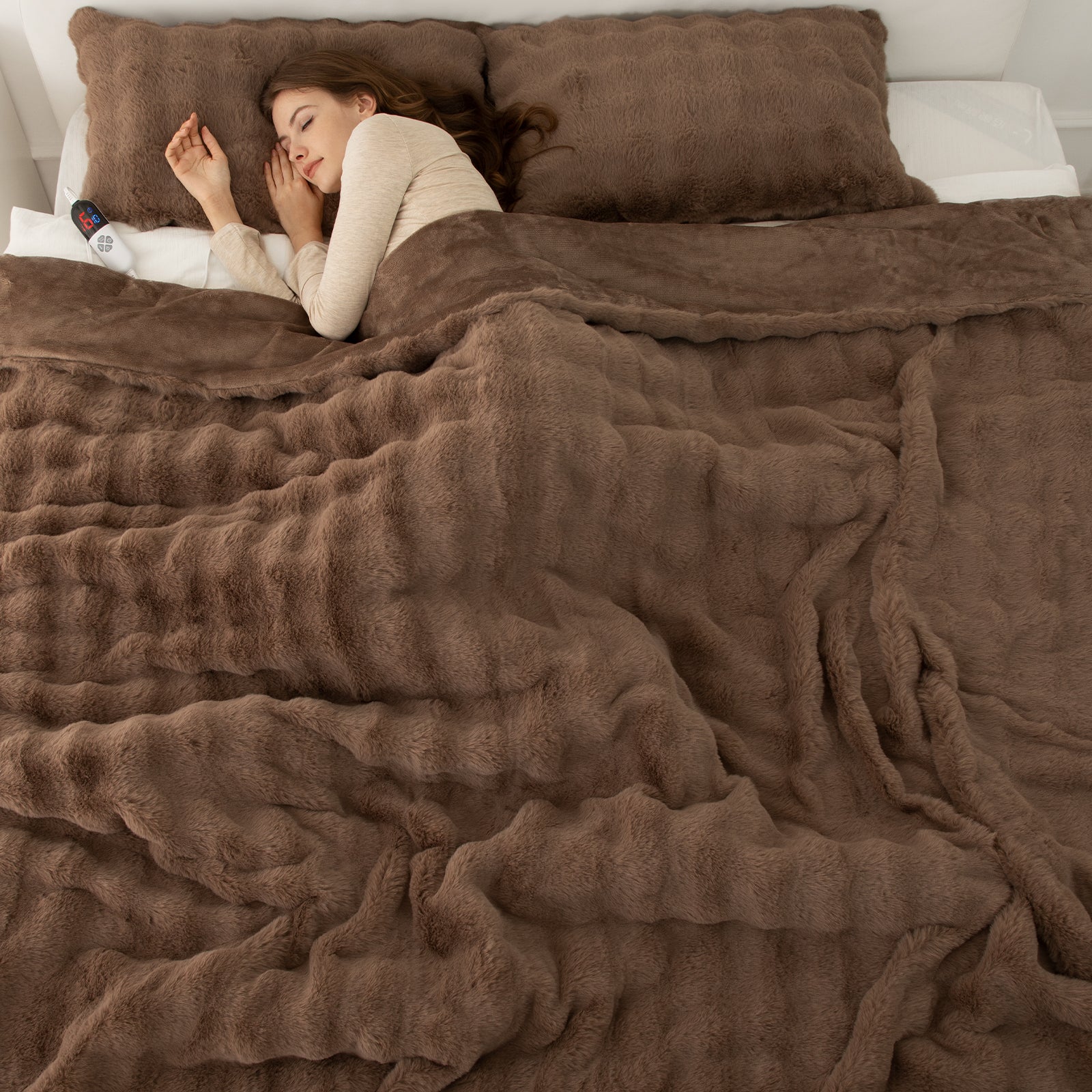 VELLUBAM Faux Rabbit Fur Bubble Heated Blanket Full Size Camel - Fuzzy Soft Electric Blanket with 6 Heating Levels & 10 Timer Settings, Room Home Dorm Decor Gifts for Women, ETL Certified (72" x 84")