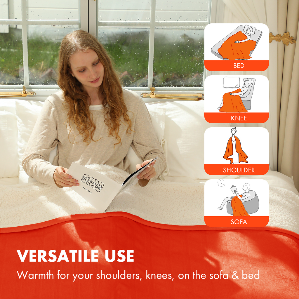 VELLUBAM Electric Heated Blanket Twin 62" x 84" - Soft Cozy Flannel Sherpa Heated Blanket with 5 Heating Levels & 10 Hours Auto Off, Electric Blanket as a Gift for Grandma, ETL Certified (Orange)