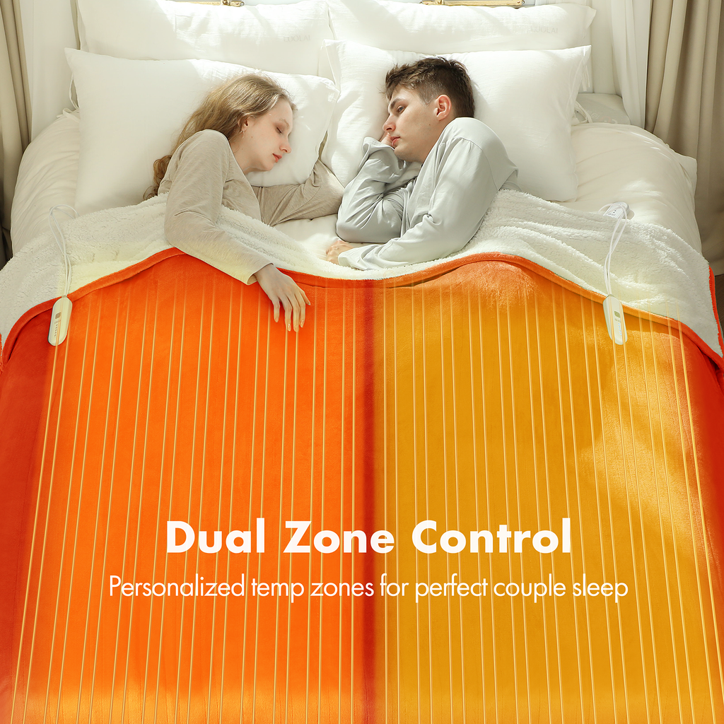 VELLUBAM Electric Heated Blanket Queen Size 84"x90" - Flannel Sherpa Electric Blanket with Dual Control, 5 Heating Levels & 10 Hours Auto Off, Heated Blanket for Women with Overheat Protection(Orange)