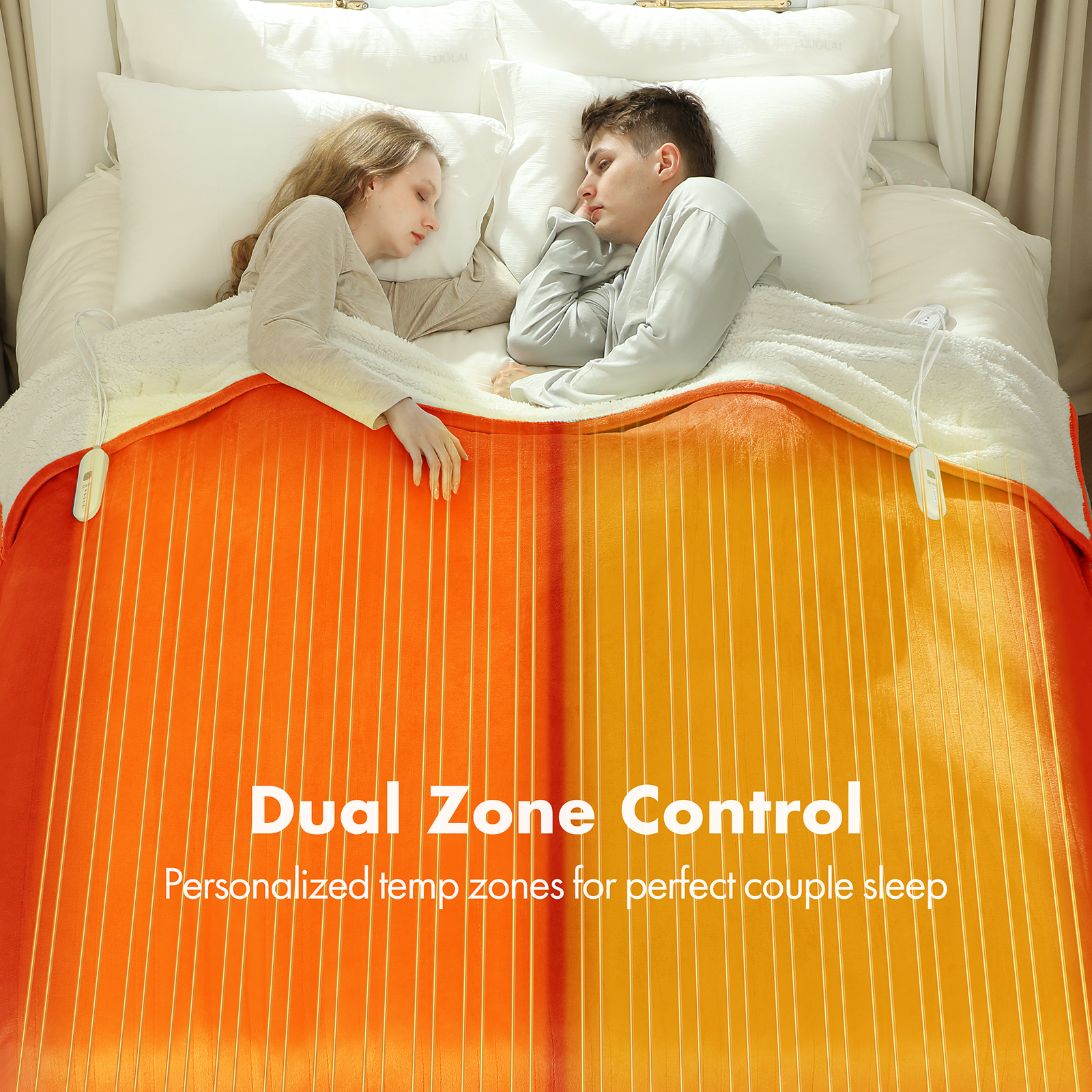 VELLUBAM Electric Heated Blanket Queen Size 84"x90" - Flannel Sherpa Electric Blanket with Dual Control, 5 Heating Levels & 10 Hours Auto Off, Heated Blanket for Women with Overheat Protection(Orange)