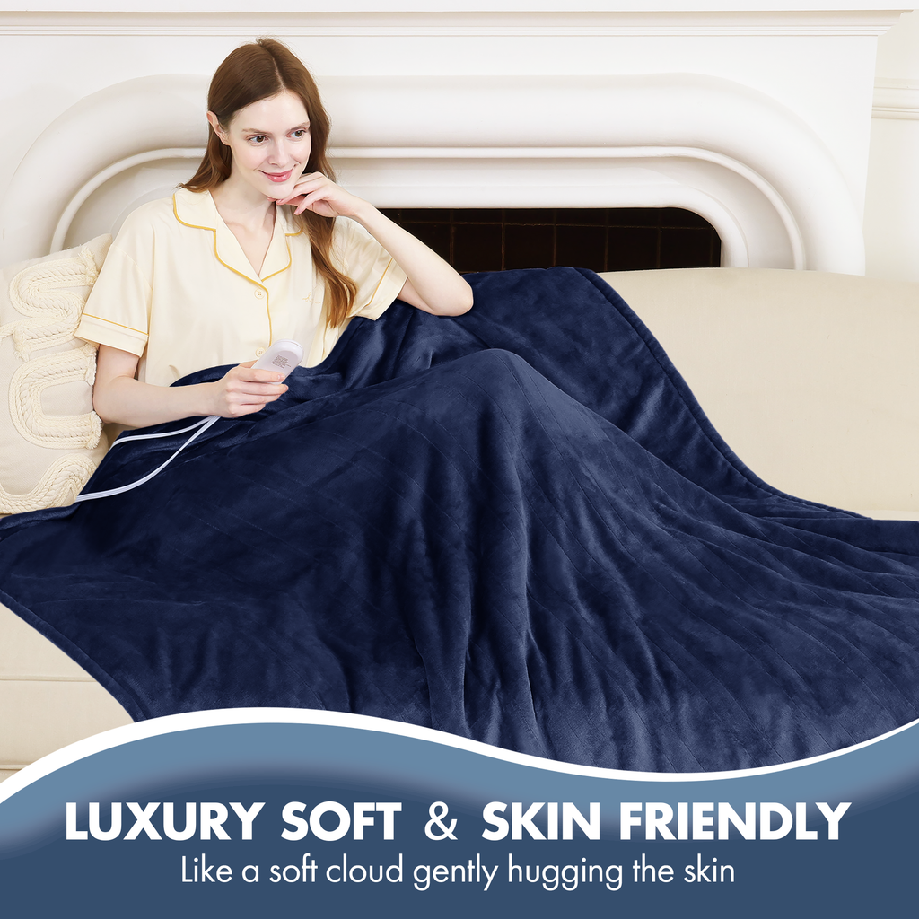 VELLUBAM Full Size Heated Blanket 72" x 84" - Fluffy Ultra Soft Flannel Heated Lap Blanket with 6 Heating Levels & 10 Hours Adjustable Timer, Fast Heating and Electric Blanket for Office (Navy)