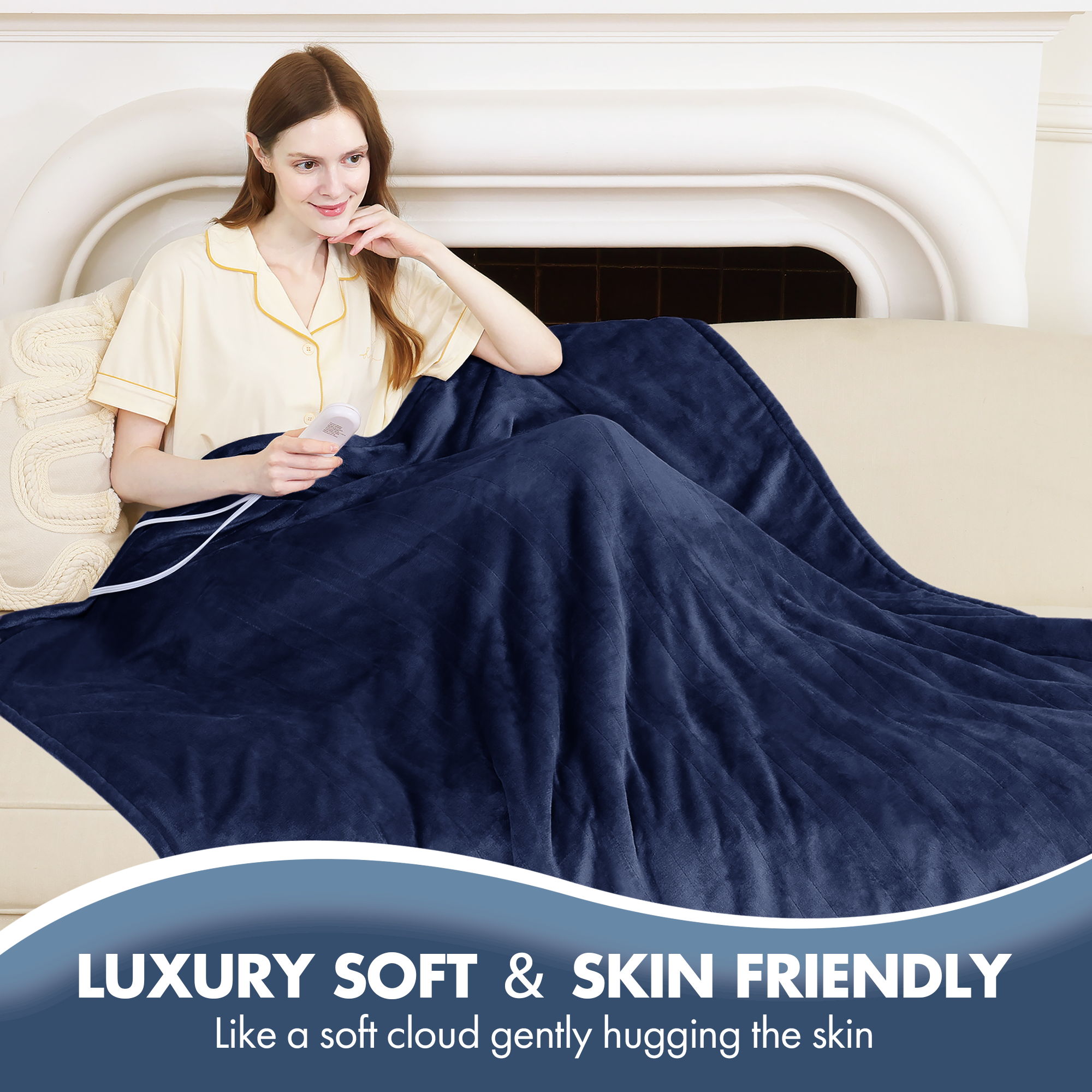 VELLUBAM Full Size Heated Blanket 72" x 84" - Fluffy Ultra Soft Flannel Heated Lap Blanket with 6 Heating Levels & 10 Hours Adjustable Timer, Fast Heating and Electric Blanket for Office (Navy)