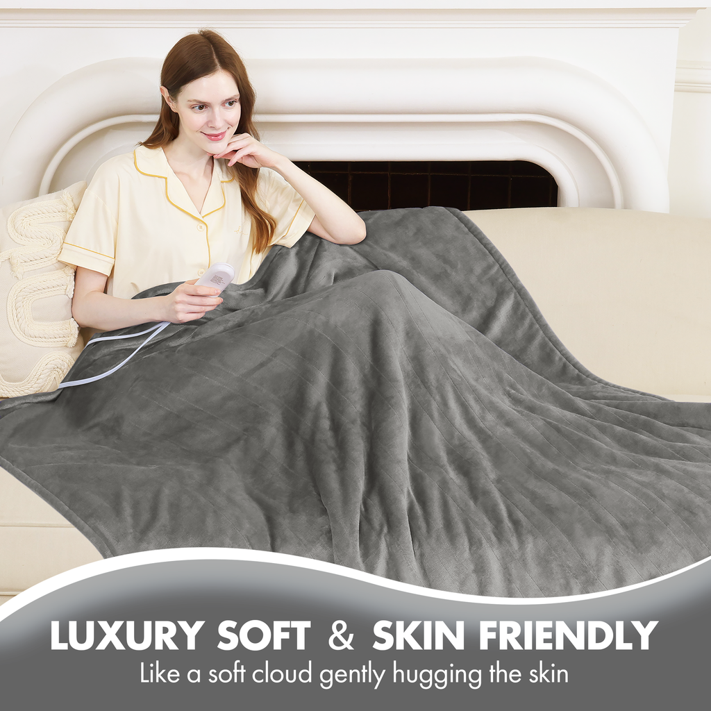 VELLUBAM Electric Heated Blanket Full Size 72" x 84" - Fluffy Ultra Soft Flannel Electric Lap Blanket with 6 Heating Levels & 10 Hours Adjustable Timer, Fast Heating and Washable for Office (Grey)