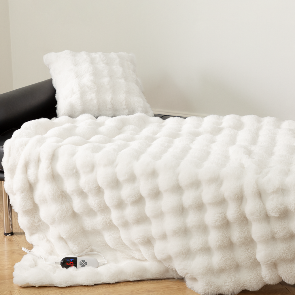 VELLUBAM Faux Fur Heated Blanket Throw White - Luxury Fluffy Rabbit Bubble Electric Blanket with 6 Heating Levels, 4 Time Settings, Ideal Gift for Women, Machine Washable (50"x60")