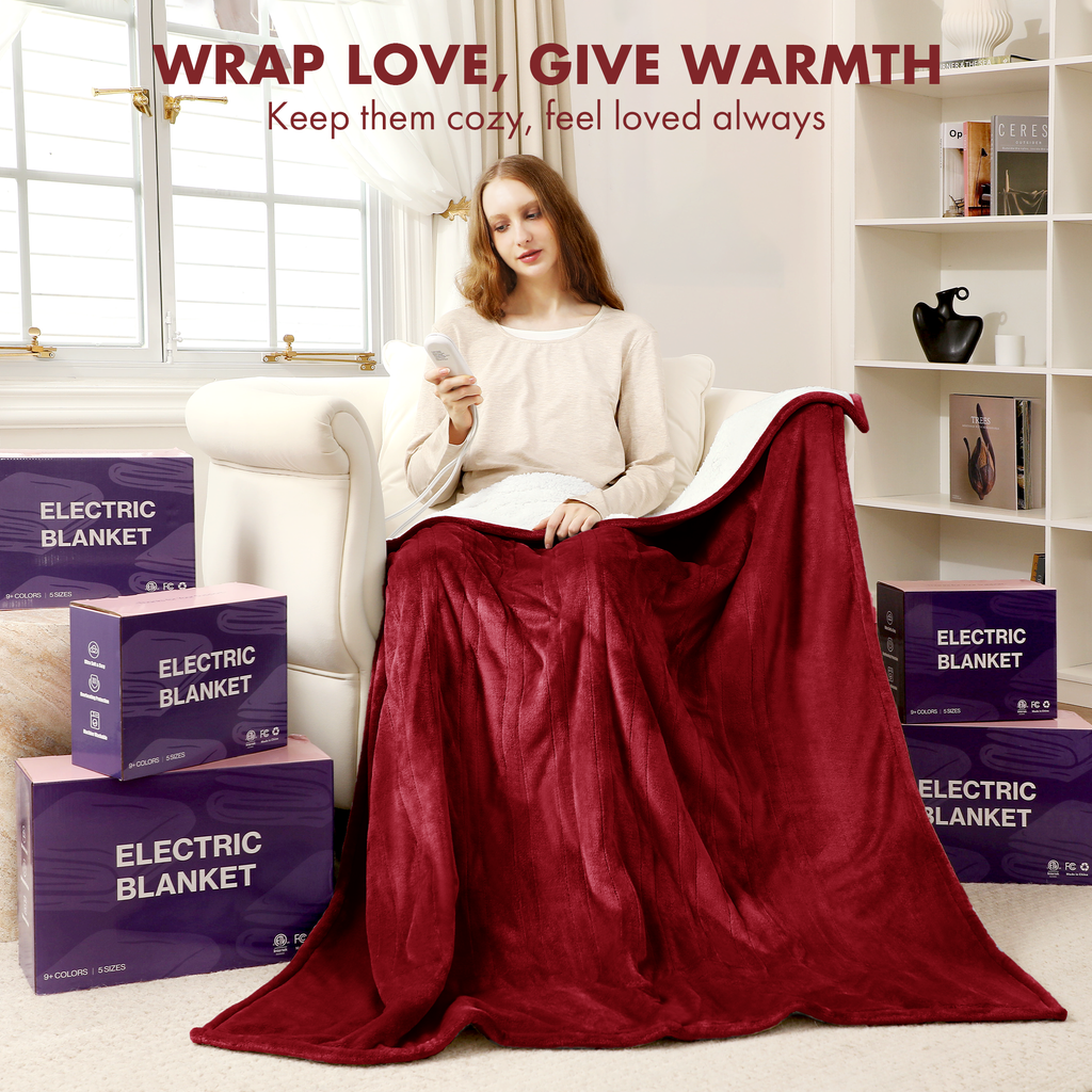 VELLUBAM Electric Blanket Full Size 72" x 84" - Fluffy Ultra Soft Flannel Full Electric Blanket with 6 Heating Levels & 10 Hours Adjustable Timer, Fast Heating and Washable Blanket for Office (Red)