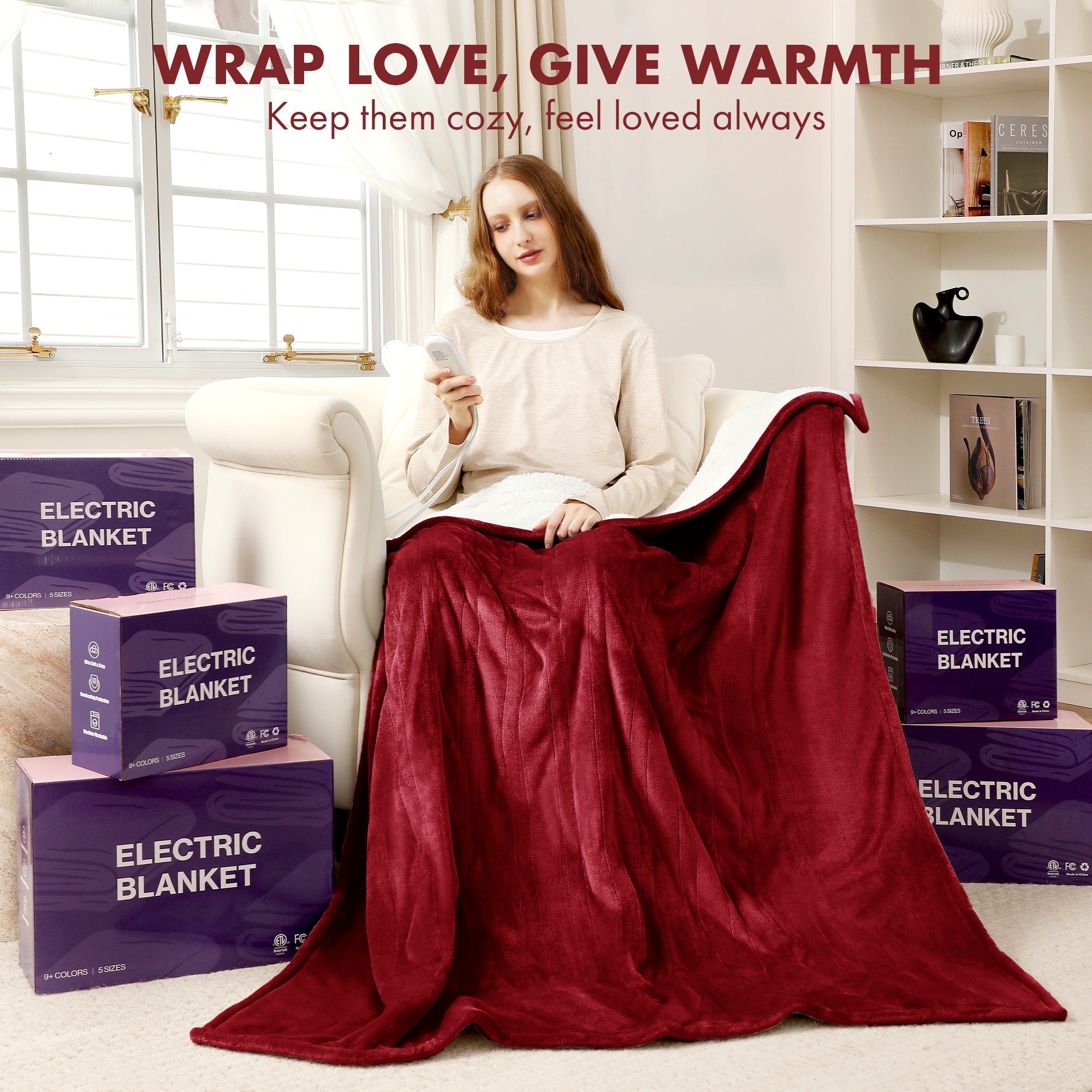 VELLUBAM Electric Blanket Full Size 72" x 84" - Fluffy Ultra Soft Flannel Full Electric Blanket with 6 Heating Levels & 10 Hours Adjustable Timer, Fast Heating and Washable Blanket for Office (Red)